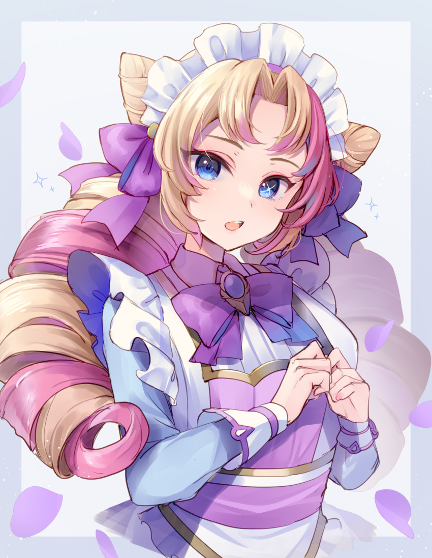 1girl absurdres alternate_costume bangs blonde_hair blue_dress blue_eyes bow cafe_cuties_gwen collared_dress commentary_request dress drill_hair enmaided grey_background gwen_(league_of_legends) highres league_of_legends long_hair long_sleeves looking_at_viewer maid maid_headdress momoirone multicolored_hair open_mouth own_hands_together parted_bangs petals pink_hair purple_bow solo two-tone_hair very_long_hair
