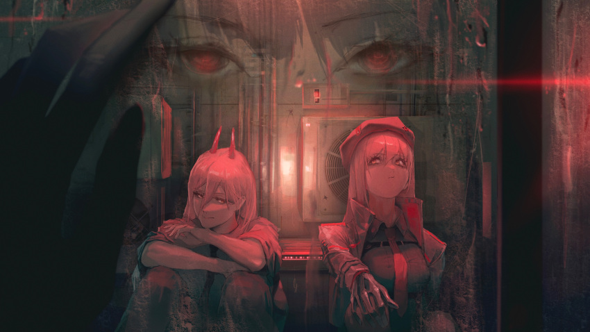 3girls absurdres beret chainsaw_man cropped_jacket crossed_arms demon_horns glass gloves goddess_of_victory:_nikke hand_on_own_knee hat highres horns jacket looking_at_viewer looking_away looking_to_the_side makima_(chainsaw_man) multiple_girls necktie neg_(101neg) pants power_(chainsaw_man) rapi_(nikke) red_eyes red_theme reflection shirt sitting sleeves_rolled_up
