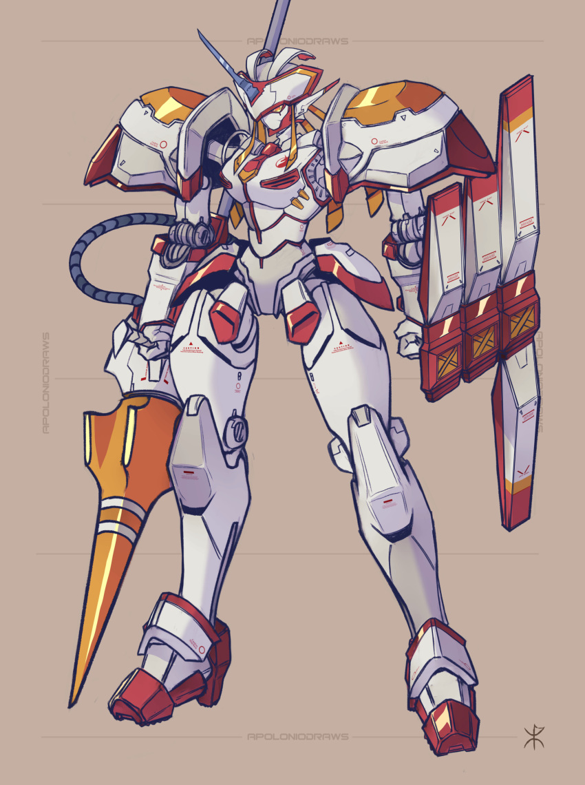 1girl absurdres apoloniodraws breasts brown_background cable char's_counterattack clenched_hand darling_in_the_franxx fin_funnels full_body gundam highres holding holding_polearm holding_weapon horns lance mecha medium_breasts no_humans orange_eyes polearm redesign robot science_fiction simple_background single_horn solo strelizia weapon