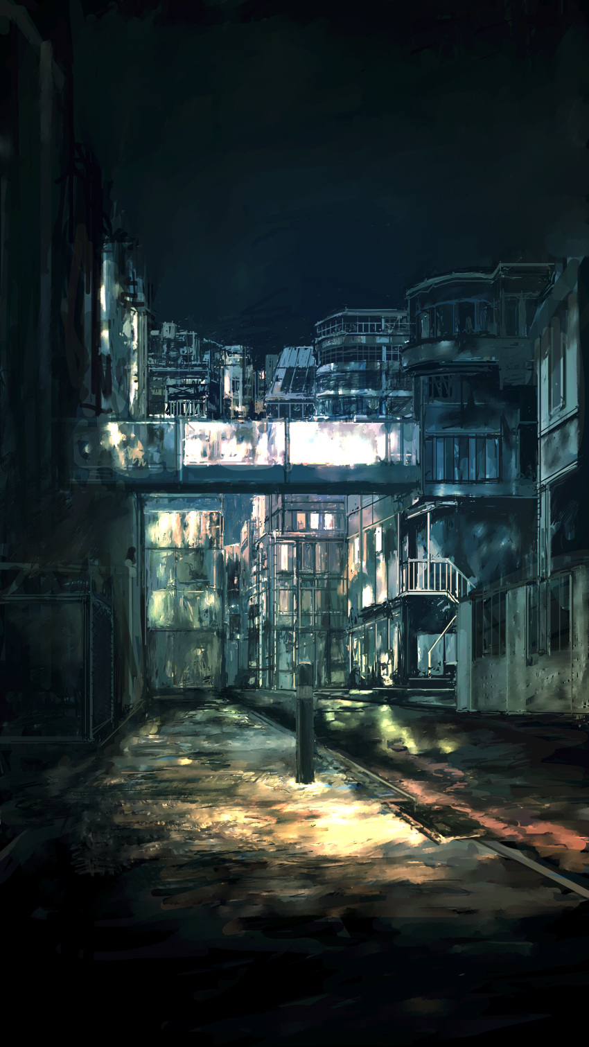 absurdres building city_lights cityscape highres lamppost mitsuaki_takeuchi night no_humans original outdoors road scenery