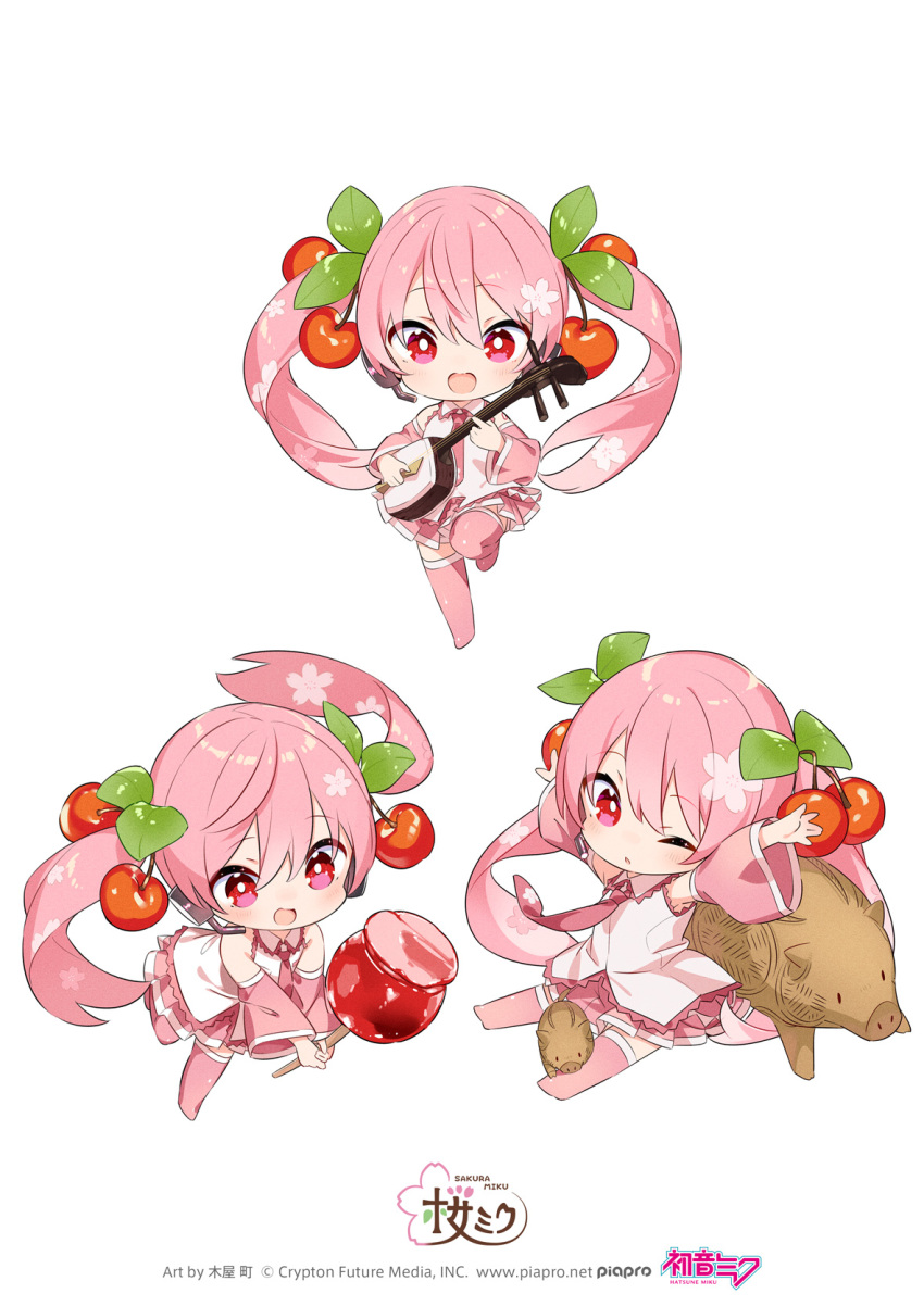1girl arms_up bachi candy_apple cherry_blossom_print cherry_hair_ornament chibi commentary detached_sleeves doguu floral_print food food-themed_hair_ornament hair_ornament hatsune_miku highres holding holding_food holding_plectrum instrument kiya_machi leg_up looking_at_viewer multiple_views music necktie official_art one_eye_closed open_mouth outstretched_arms pig pink_hair pink_necktie pink_skirt pink_sleeves pink_thighhighs playing_instrument pleated_skirt plectrum red_eyes sakura_miku shamisen shirt shoulder_tattoo sitting skirt sleeveless sleeveless_shirt smile standing standing_on_one_leg tattoo thigh-highs twintails vocaloid white_background white_shirt