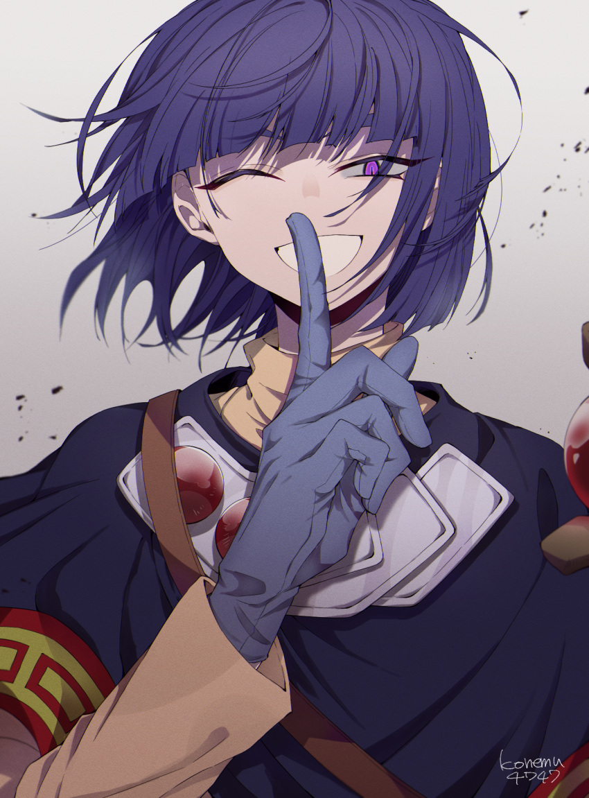 1boy artist_name bob_cut finger_to_mouth gloves grey_background grey_gloves highres index_finger_raised konemu looking_at_viewer male_focus purple_hair short_hair simple_background slayers solo upper_body violet_eyes xelloss