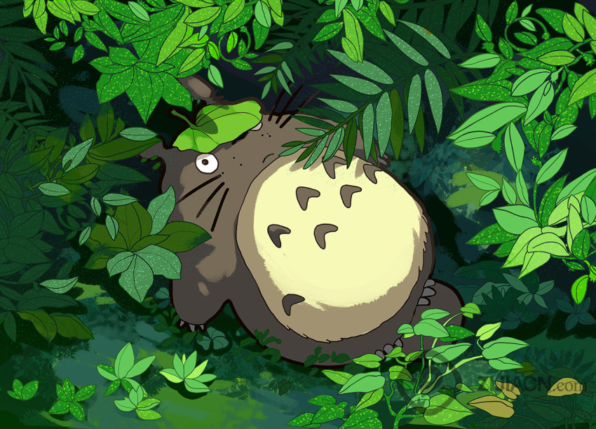 1other claws forest frown grey_fur leaf leaf_on_head lying nature no_humans on_back outdoors plant solo studio_ghibli temari633 tonari_no_totoro totoro web_address whiskers