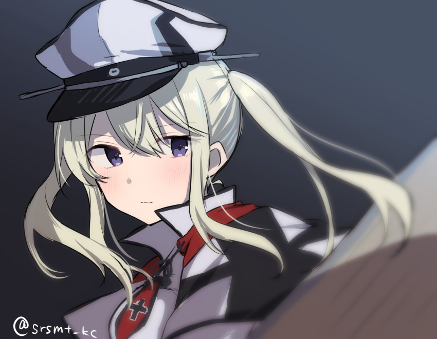 1girl bangs blonde_hair blush capelet closed_mouth graf_zeppelin_(kancolle) hair_between_eyes hat highres kantai_collection long_hair one-hour_drawing_challenge peaked_cap portrait shirasumato sidelocks solo twintails twitter_username violet_eyes white_capelet white_headwear