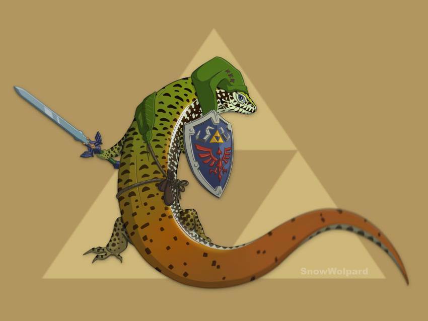 1boy absurdres artist_name black_skin brown_background brown_bag colored_skin from_behind green_eyes green_headwear green_skin highres holding holding_shield holding_sword holding_weapon link master_sword multicolored_skin orange_skin reptile_boy rope shield snowwolpard solo sword the_legend_of_zelda triforce weapon