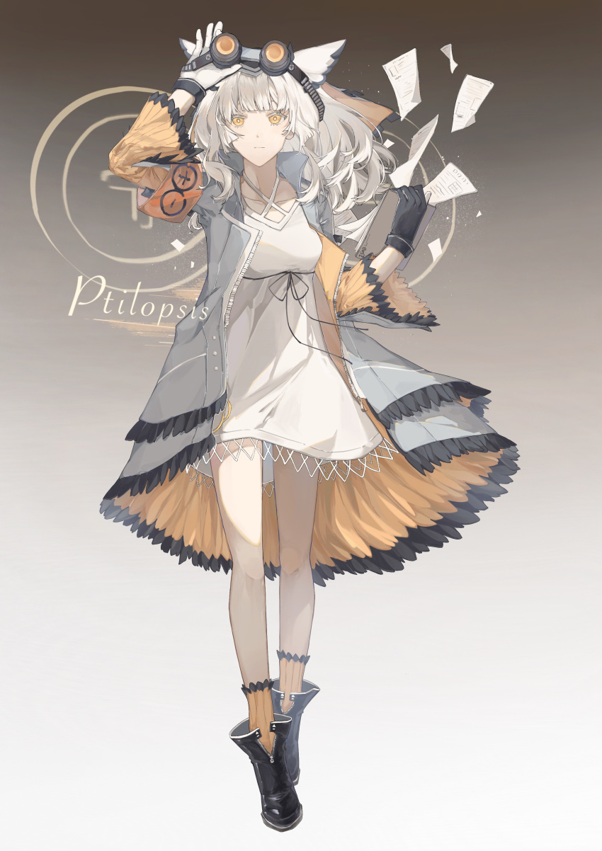 1girl absurdres aiou_huayuye animal_ears arknights armband bird_ears black_footwear black_gloves boots bright_pupils character_name clipboard coat dress eyewear_on_head feather-trimmed_coat feather-trimmed_sleeves flying_paper full_body gloves gradient_background grey_background grey_coat highres holding holding_clipboard long_sleeves looking_at_viewer orange_eyes orange_socks paper ptilopsis_(arknights) removing_eyewear rhine_lab_logo simple_background socks standing two-tone_gloves white_dress white_gloves white_hair white_pupils wide_sleeves