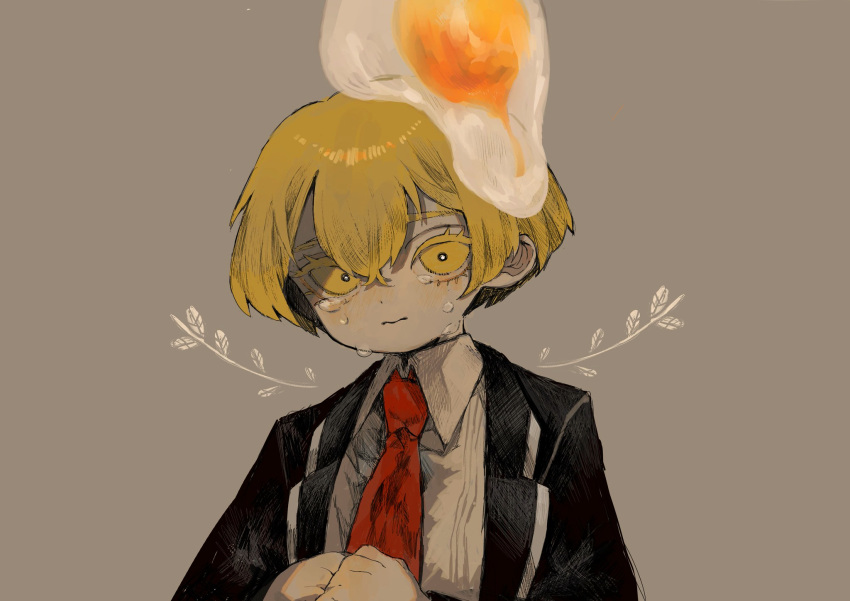 1boy black_jacket blonde_hair bright_pupils closed_mouth collared_shirt colored_eyelashes commentary_request crying crying_with_eyes_open egg_(food) egg_yolk food formal grey_background highres jacket limbus_company long_sleeves male_focus mochigome_138 open_clothes open_jacket project_moon red_nacktie shirt short_hair sinclair_(limbus_company) solo suit tears white_pupils white_shirt yellow_eyes