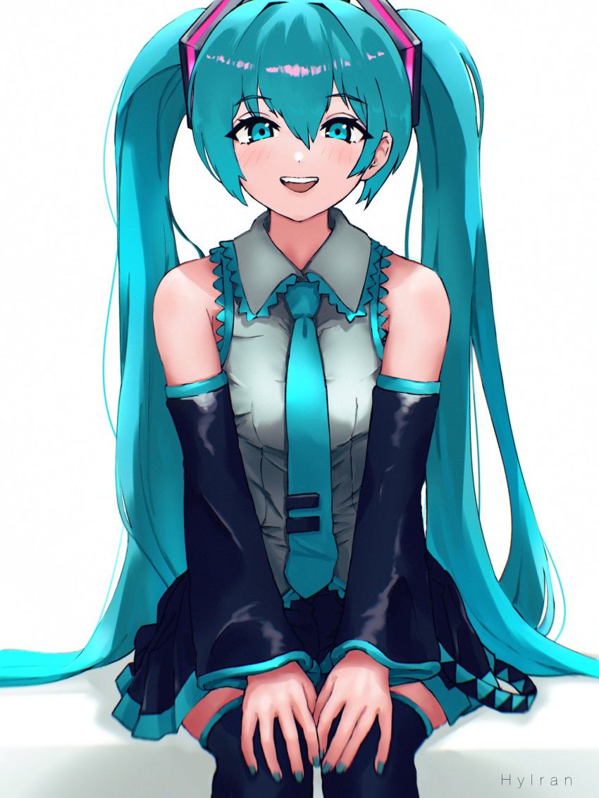 1girl :d artist_name bangs black_skirt black_sleeves black_thighhighs blush collar commentary cowboy_shot detached_sleeves facing_viewer frilled_collar frilled_shirt frills green_eyes green_hair green_nails green_necktie grey_shirt hair_between_eyes hands_on_own_knees happy hatsune_miku highres hylran0427 long_hair looking_at_viewer miniskirt nail_polish necktie open_mouth pleated_skirt shirt sidelocks simple_background sitting skirt sleeveless sleeveless_shirt smile solo straight-on straight_hair teeth thigh-highs twintails upper_teeth_only very_long_hair vocaloid white_background wide_sleeves zettai_ryouiki