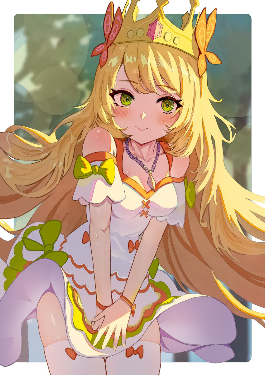 1girl bangs bare_shoulders blonde_hair blush border bow butterfly_hair_ornament celine_(fire_emblem) clothes_lift collarbone cowboy_shot crown dress dress_lift eyelashes fire_emblem fire_emblem_engage gbbgb321 green_bow green_eyes hair_ornament highres jewelry long_hair looking_at_viewer necklace official_alternate_costume outside_border smile solo thigh-highs very_long_hair white_border white_dress white_thighhighs wind wind_lift