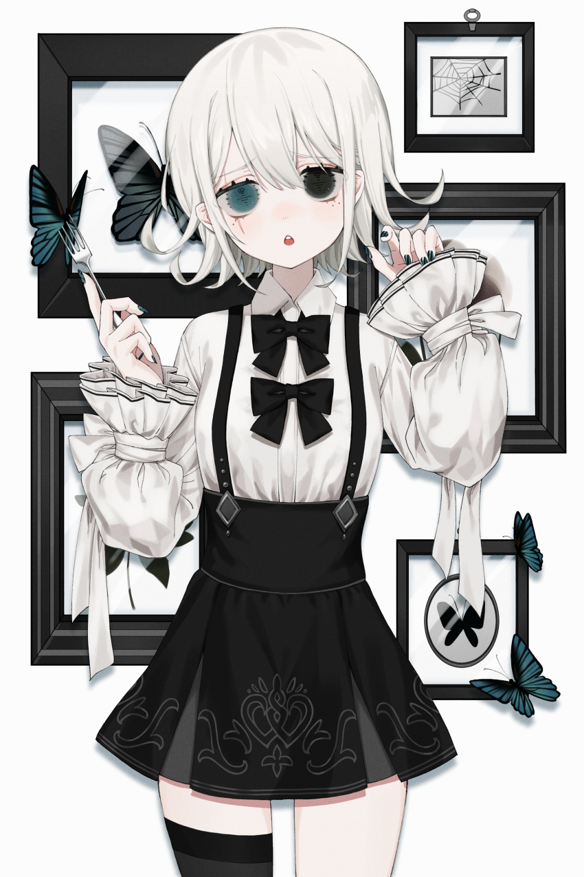 1girl absurdres bizet black_eyes blue_eyes bow bug butterfly commentary_request curly_hair expressionless fork gothic gothic_lolita heterochromia highres holding holding_fork lolita_fashion looking_at_viewer original parted_lips short_hair solo
