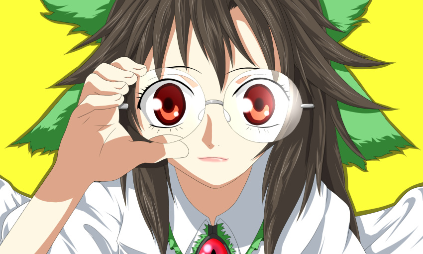 1girl bespectacled bow brown_hair close-up closed_mouth collared_shirt derivative_work evandragon frilled_shirt_collar frills glasses green_bow hair_bow highres light_smile long_hair looking_at_viewer puffy_short_sleeves puffy_sleeves red_eyes reiuji_utsuho shirt short_sleeves simple_background solo third_eye_on_chest touhou upper_body very_long_hair white_shirt yellow_background