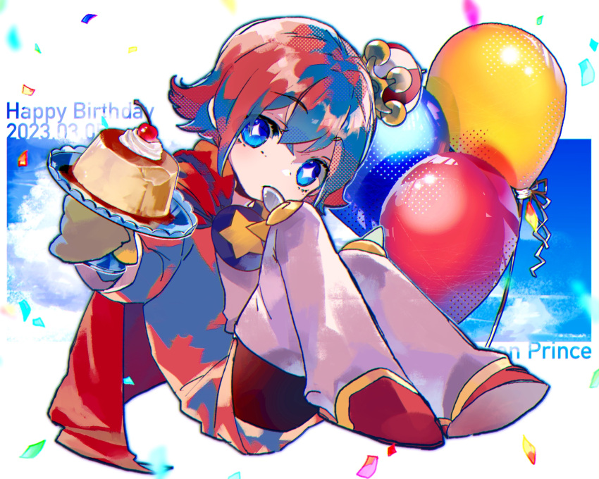 1boy balloon bangs blue_eyes blue_sky blush cape crown food happy_birthday highres holding holding_food looking_at_viewer merumerumerume mini_crown ocean_prince pink_hair pudding puyopuyo red_cape sky solo star_(symbol)
