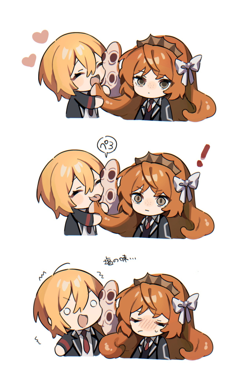 ! 2girls black_vest blonde_hair blush brown_eyes brown_hairband chibi closed_eyes closed_mouth collared_shirt commentary_request don_quixote_(limbus_company) freckles grey_jacket hair_ribbon hairband heart highres ishmael_(limbus_company) jacket licking limbus_company long_hair long_sleeves mu46016419 multiple_girls necktie open_clothes open_jacket open_mouth orange_hair project_moon red_necktie ribbon shirt short_hair smile sweat tentacle_hair translation_request vest white_ribbon white_shirt