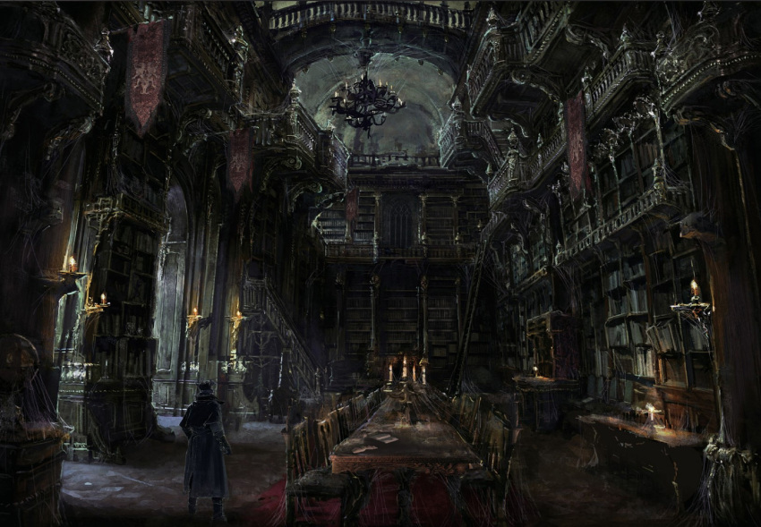 1boy banner bloodborne book bookshelf candle candlestand castle chair chandelier highres hunter_(bloodborne) interior jocus_wang ladder library silk solo spider_web stairs standing table third-party_source wooden_chair wooden_table