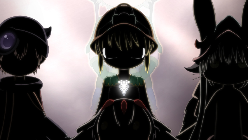 1boy 1other 3girls absurdres faputa glasses hat highres horns looking_at_viewer made_in_abyss masteryo6a multiple_girls nanachi_(made_in_abyss) pointy_ears prushka regu_(made_in_abyss) riko_(made_in_abyss) short_hair silhouette spirit upper_body whistle