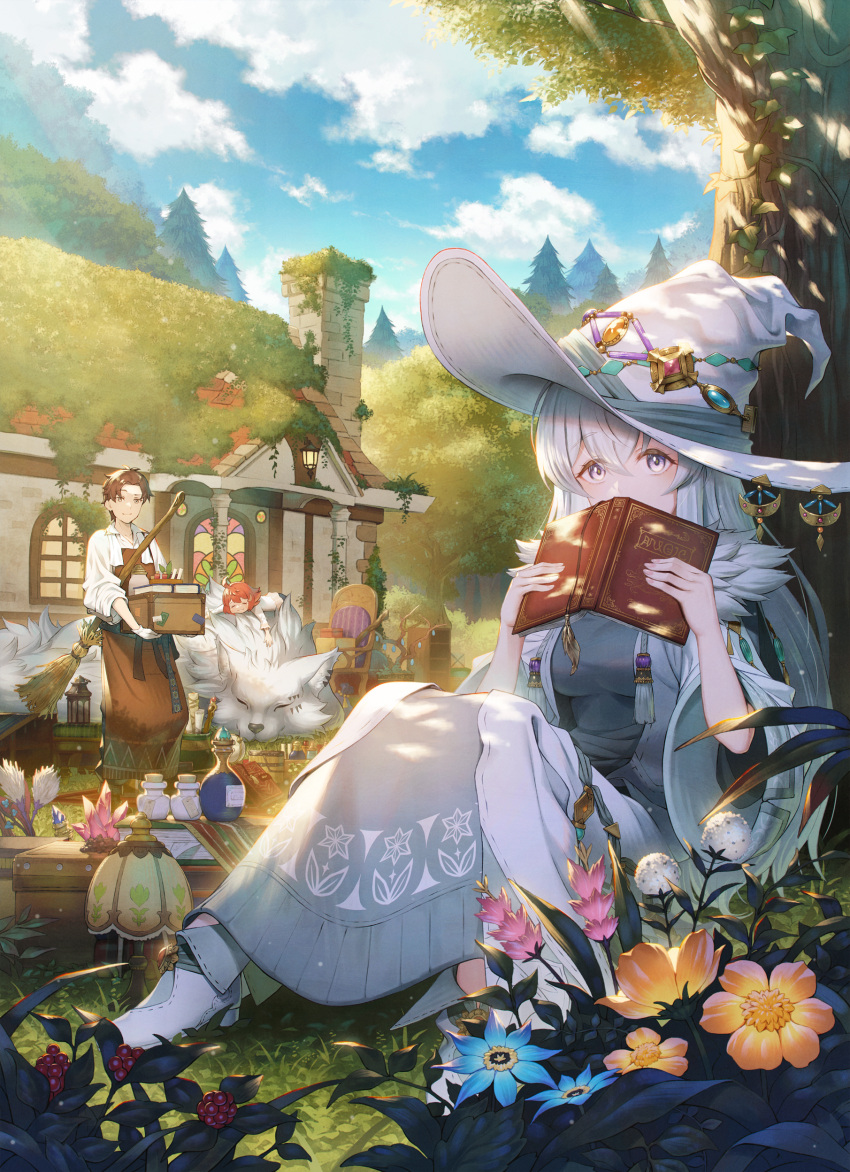 1boy 2girls absurdres berry blue_sky book breasts broom brown_hair carrying chair clouds copyright_request cover cover_page crystal day dress flower grass hat highres lamp medium_breasts moss multiple_girls novel_cover official_art outdoors potion redhead sho_(sumika) sitting sky sleeping standing sunlight tree violet_eyes white_hair white_headwear window witch_hat wolf