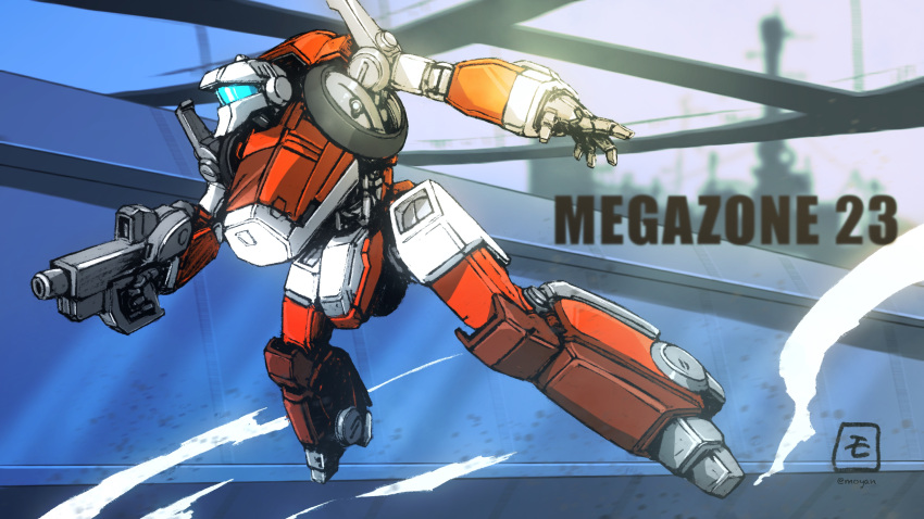 absurdres artist_logo assault_visor commentary copyright_name full_body garland_(megazone_23) gun highres holding holding_gun holding_weapon mecha megazone_23 moyan no_humans robot science_fiction solo weapon