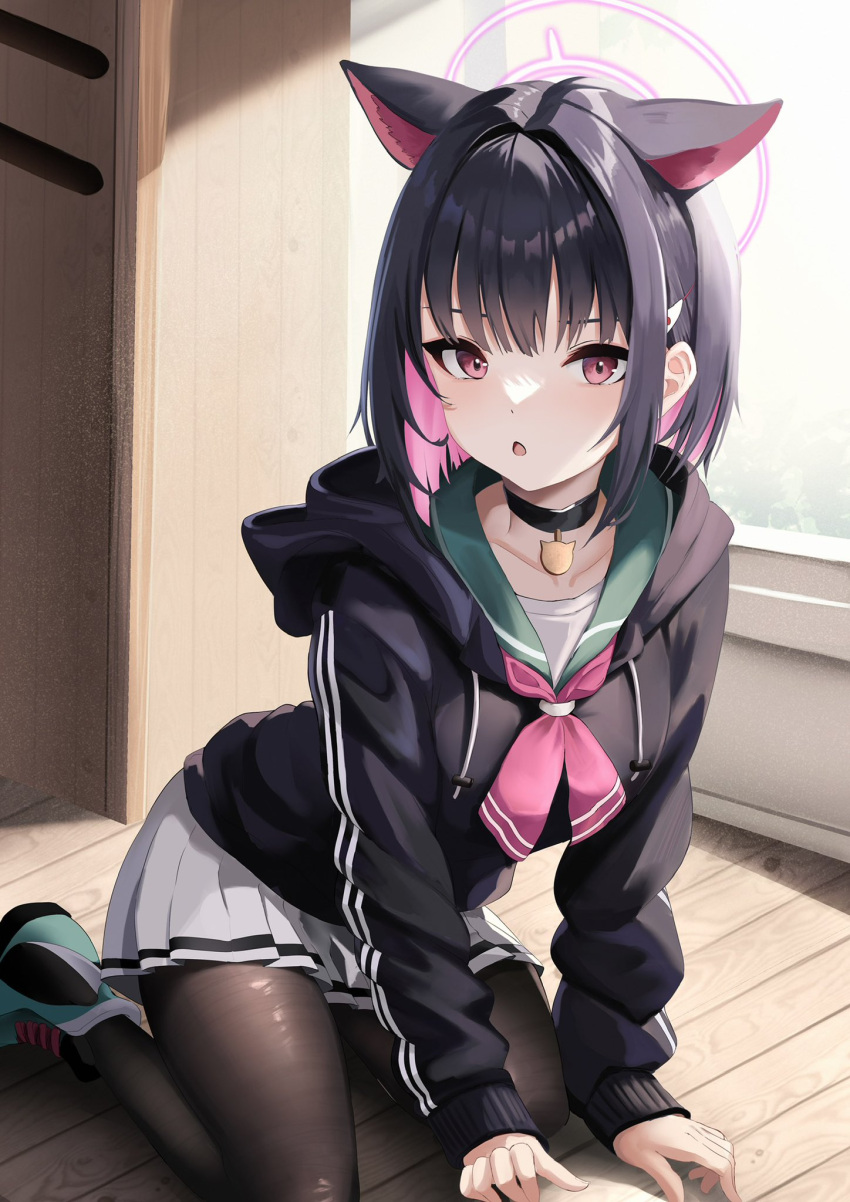 1girl animal_ears bangs bent_over black_hair black_jacket black_pantyhose blue_archive blunt_bangs blurry cat_ears cat_girl chestnut_mouth choker collarbone colored_inner_hair commentary depth_of_field english_commentary hair_ornament hairclip halo highres hood hooded_jacket indoors jacket kazusa_(blue_archive) long_sleeves looking_at_viewer mixed-language_commentary multicolored_hair pantyhose parted_lips pleated_skirt school_uniform serafuku shoes short_hair sidelocks sitting skirt sneakers solo two-tone_hair violet_eyes wariza window wooden_floor yan_kodiac zipper