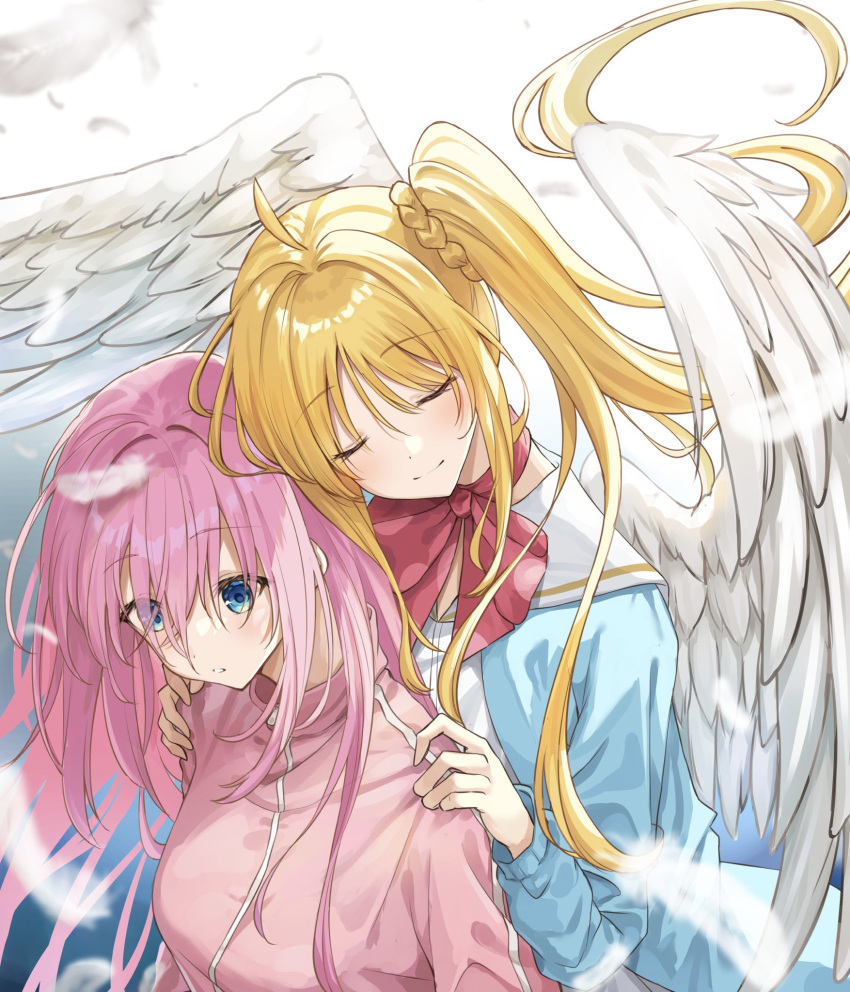 2girls ahoge angel angel_wings bangs blonde_hair blue_background blue_eyes blue_jacket blurry blush bocchi_the_rock! bow closed_eyes closed_mouth commentary depth_of_field eyelashes falling_feathers feathered_wings feathers gotou_hitori gradient_background hair_between_eyes hair_spread_out hands_on_another's_shoulders head_down heads_together highres hug hug_from_behind ijichi_nijika jacket kanaria_hisagi long_hair long_sleeves multiple_girls parted_lips pink_hair pink_jacket red_bow sailor_collar school_uniform side_ponytail sidelocks simple_background surprised upper_body very_long_hair white_background white_feathers white_sailor_collar white_wings wings