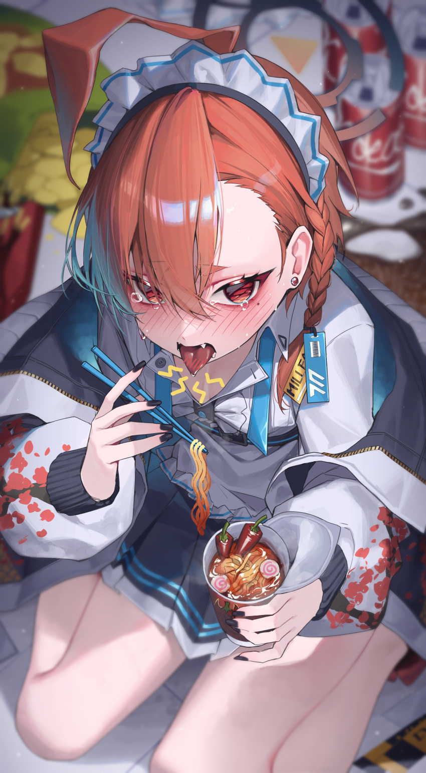 1girl absurdres ahoge apron blue_archive braid can chili_pepper chips_(food) coca-cola earrings fangs food from_above g5_(artist) highres jacket jewelry kneeling looking_at_viewer looking_up maid_headdress mole mole_under_eye neru_(blue_archive) noodles open_clothes open_jacket open_mouth orange_hair potato_chips ramen ramen red_eyes shirt single_braid soda_can solo stud_earrings tongue tongue_out waist_apron white_shirt