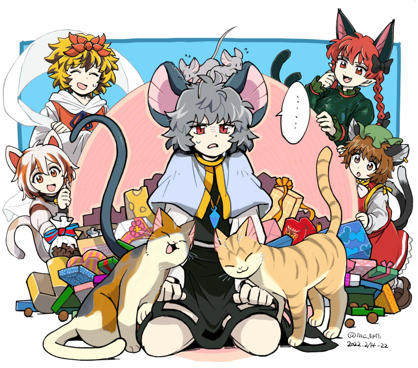 ... 5girls :3 :d :o animal_ears animal_on_head bangs blonde_hair blue_capelet blush brown_eyes brown_hair calico capelet cat cat_tail cheese chen closed_eyes commentary_request dated earrings extra_ears fang food goutokuji_mike green_headwear grey_hair hagoromo hat highres jewelry kaenbyou_rin long_sleeves mc_pyth mob_cap mouse mouse_ears mouse_tail multicolored_hair multiple_girls multiple_tails nazrin on_head open_mouth pendant petting pointy_ears red_eyes redhead shawl short_hair single_earring smile spoken_ellipsis streaked_hair sweatdrop tail toramaru_shou touhou twintails twitter_username two_tails