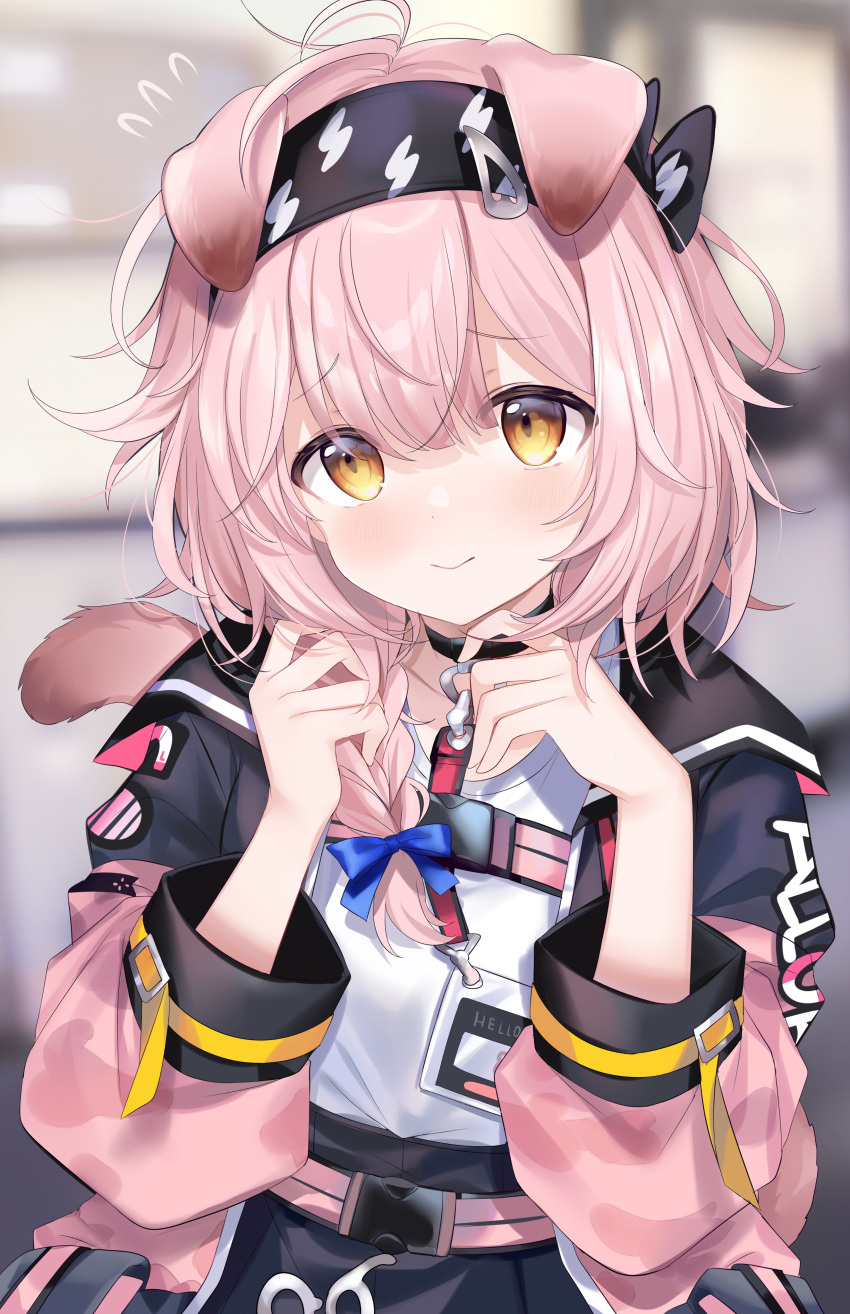 1girl absurdres animal_ears arknights black_collar black_hairband blue_bow blue_jacket blush bow braid cat_ears cat_girl cat_tail chocola_vt collar floppy_ears flying_sweatdrops goldenglow_(arknights) hair_bow hairband highres id_card jacket lightning_bolt_print medium_hair multicolored_clothes multicolored_jacket pink_hair pink_jacket shirt smile solo tail two-tone_jacket upper_body white_shirt yellow_eyes