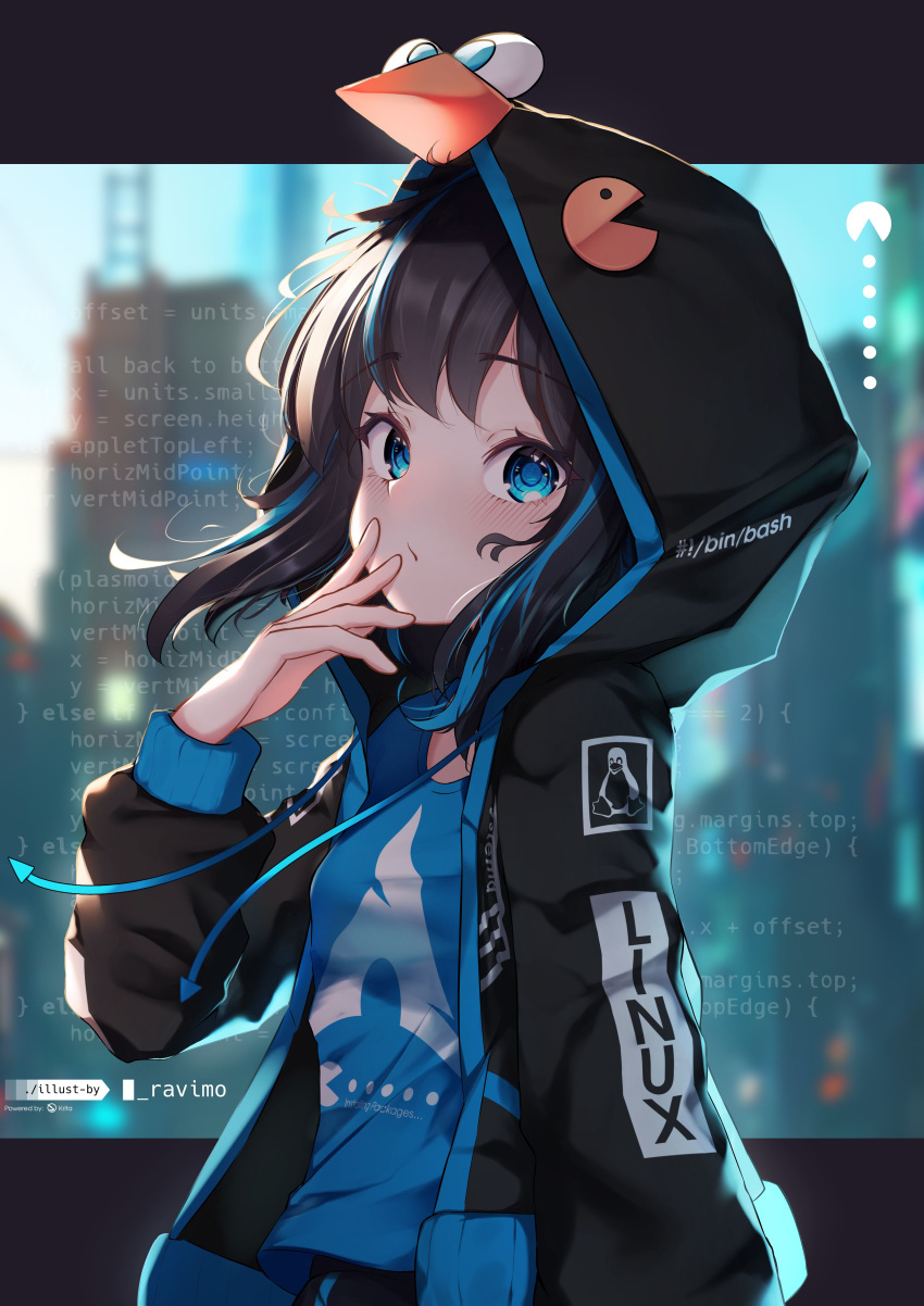 1girl absurdres arch_linux artist_name bangs bird black_hair black_hoodie black_jacket blue_eyes blue_shirt from_side hand_on_own_face highres hood hoodie jacket krita_(medium) linux linux-tan looking_at_viewer open_clothes open_hoodie open_jacket os-tan pac-man penguin raviolimavioli shirt sweater system_console