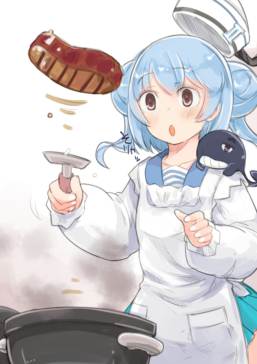 1girl 1other apron blue_hair brown_eyes cooking cooking_pot double_bun enjaku_izuku fang food hair_bun hat hat_removed headwear_removed highres kantai_collection little_blue_whale_(kancolle) meat miniskirt open_mouth samuel_b._roberts_(kancolle) samuel_b._roberts_mk_ii_(kancolle) short_hair skirt spatula steak twintails white_background