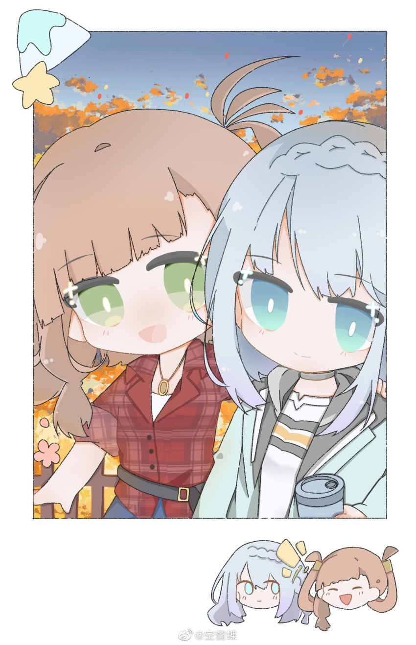 2girls :d aqua_jacket arm_at_side autumn autumn_leaves awane_kokoro bangs belt blue_eyes blue_hair blue_sky blunt_bangs braid brown_hair buttons chibi closed_mouth collared_shirt cube_hair_ornament green_eyes hair_ornament hair_rings hand_on_another's_shoulder highres holding_thermos jacket jewelry kagami_masara kongchuangdie light_blue_hair looking_at_viewer low_tied_sidelocks magia_record:_mahou_shoujo_madoka_magica_gaiden mahou_shoujo_madoka_magica multiple_girls necklace official_alternate_costume open_mouth outdoors partially_unbuttoned polaroid red_shirt shirt side_braid sidelocks single_sidelock sky sleeves_rolled_up smile upper_body white_shirt