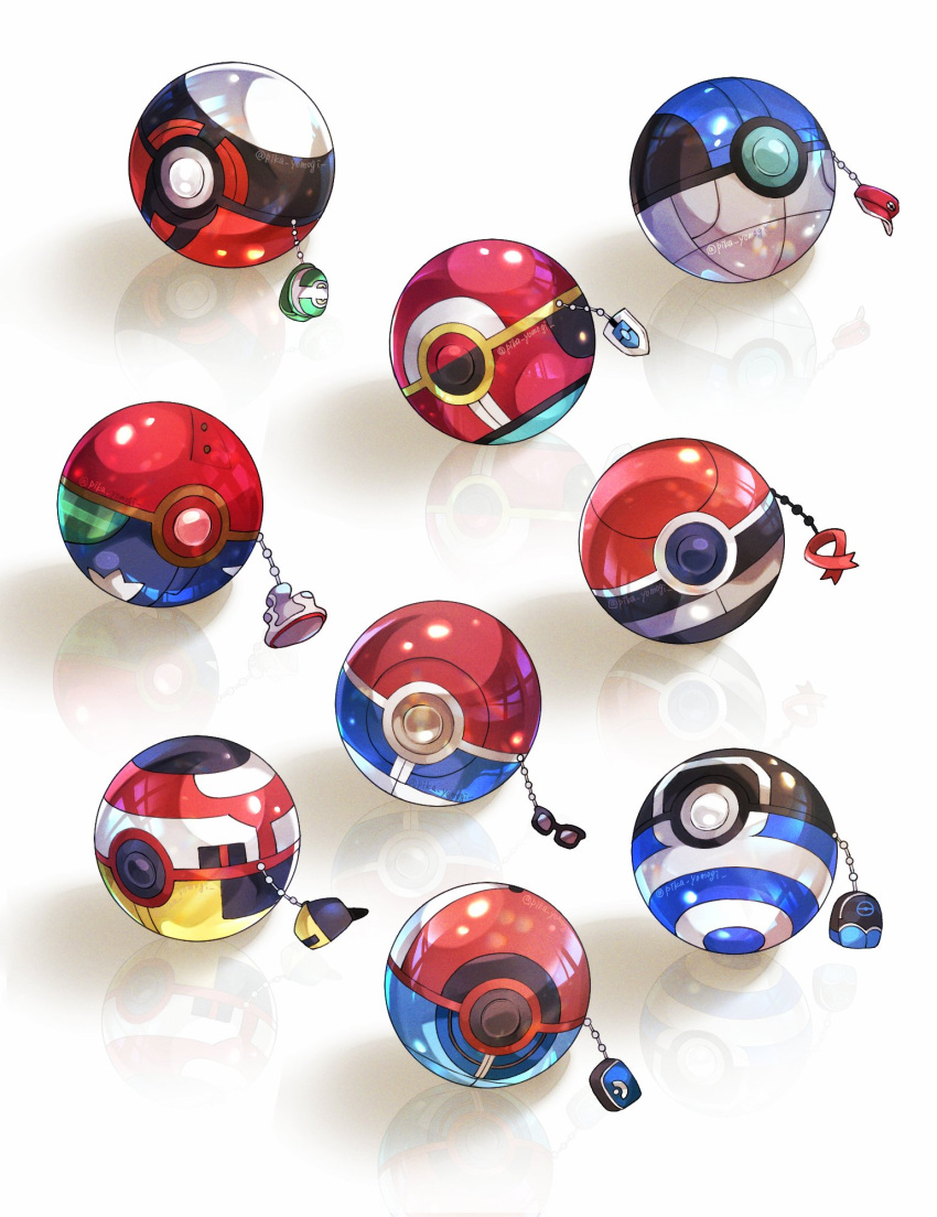 backpack bag baseball_cap beanie black-framed_eyewear brendan_(pokemon) calem_(pokemon) charm_(object) commentary elio_(pokemon) english_commentary ethan_(pokemon) green_bag grey_hat hat highres hilbert_(pokemon) lucas_(pokemon) nate_(pokemon) no_humans nontraditional_poke_ball poke_ball poke_ball_print pokemon pokemon_bw pokemon_bw2 pokemon_dppt pokemon_frlg pokemon_gsc pokemon_oras pokemon_sm pokemon_swsh pokemon_xy red_(pokemon) red_hat red_scarf reflection reflective_surface scarf still_life sunglasses twitter_username victor_(pokemon) visor_cap vs_seeker yomogi_(black-elf)