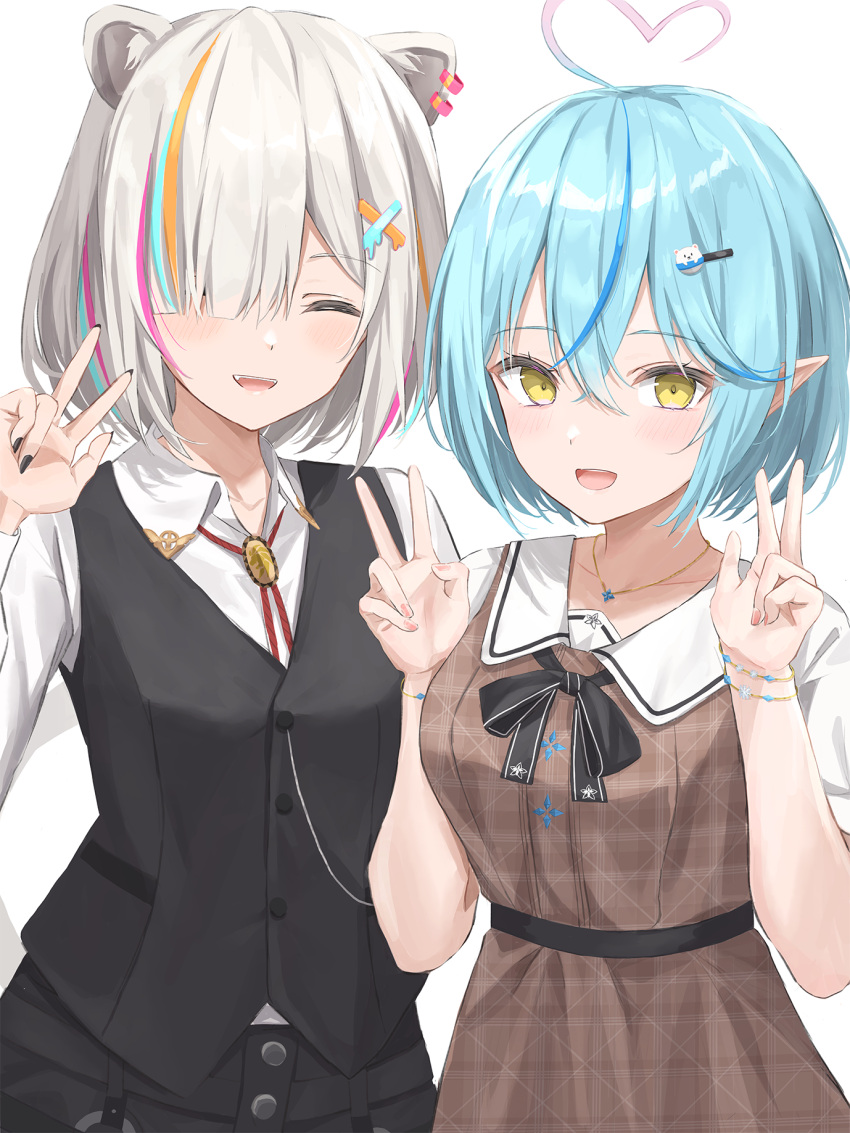 2girls ahoge animal_ears bangs black_nails black_ribbon black_vest blue_hair blush bracelet brown_dress closed_eyes collared_shirt colored_tips commentary crossed_bangs daifuku_(yukihana_lamy) double_v dress ear_piercing grey_hair hair_between_eyes hair_ornament hair_over_one_eye hairclip hands_up heart heart_ahoge highres hololive jewelry light_blue_hair lion_ears lion_girl long_sleeves looking_at_viewer multicolored_hair multiple_girls nail_polish necklace norio_(noriosub) open_mouth orange_hair piercing pinafore_dress pink_hair pink_nails plaid plaid_dress pointy_ears ribbon shirt shishiro_botan short_hair short_sleeves simple_background smile streaked_hair upper_body v vest virtual_youtuber white_background white_shirt x_hair_ornament yellow_eyes yukihana_lamy