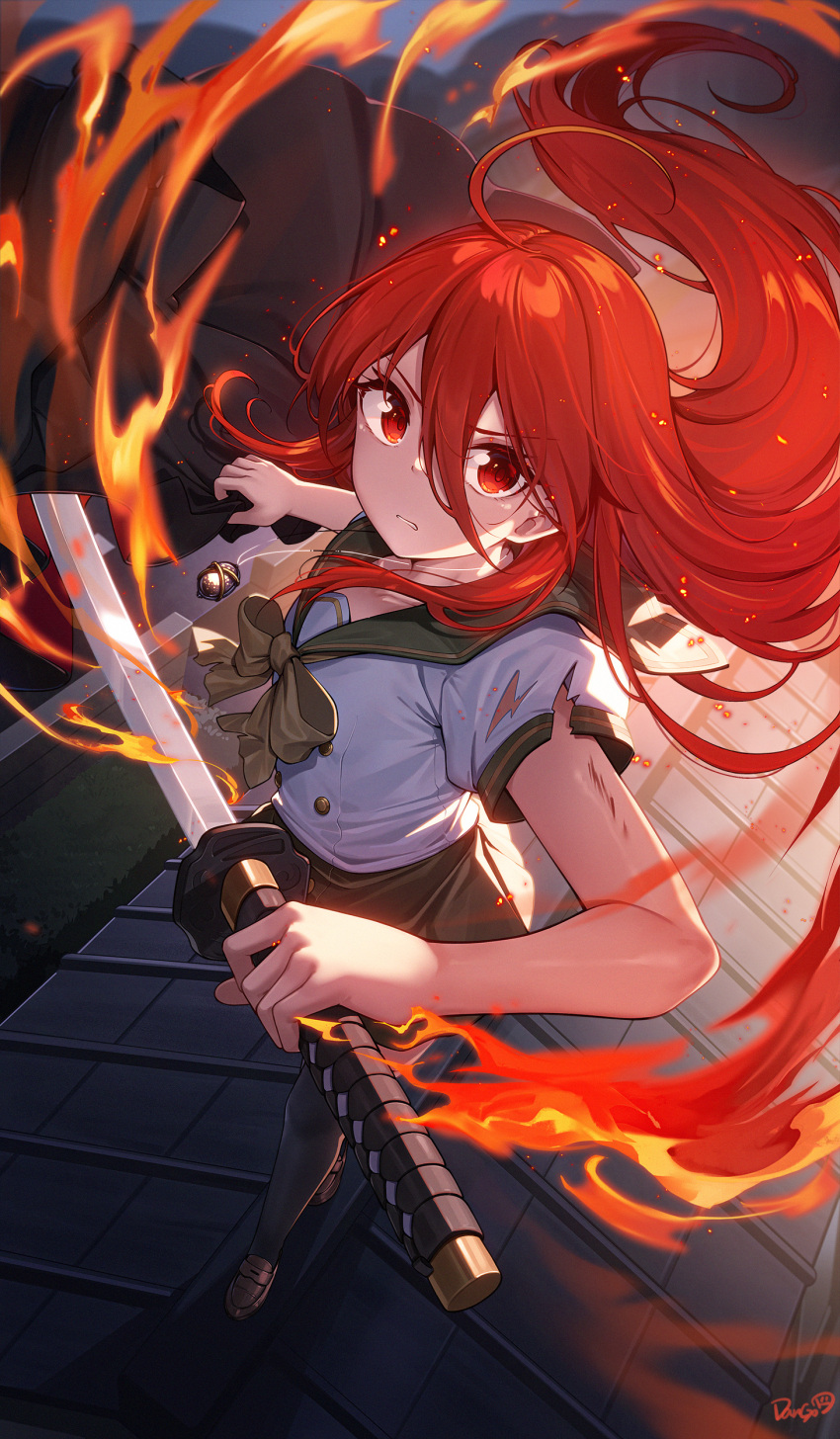 1girl absurdres ahoge alastor_(shakugan_no_shana) bangs black_cape black_thighhighs bow bowtie brown_bow brown_bowtie cape dango_remi fire flaming_sword flaming_weapon floating_hair full_body green_sailor_collar green_skirt hair_between_eyes highres holding holding_cape holding_clothes holding_sword holding_weapon jewelry katana long_bangs long_hair looking_at_viewer night on_roof outdoors pendant red_eyes redhead sailor_collar school_uniform serafuku shakugan_no_shana shana shirt skirt solo sword thigh-highs torn_clothes torn_shirt weapon white_shirt