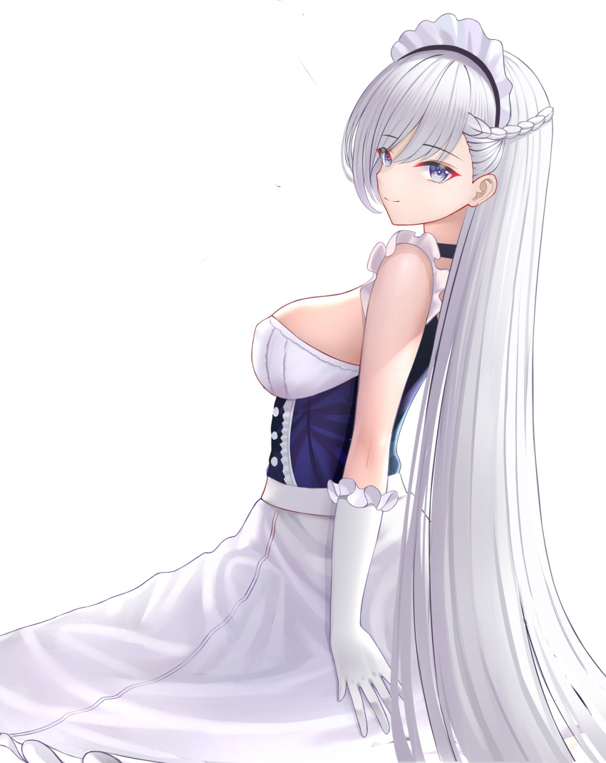 1girl apron azur_lane belfast_(azur_lane) braid breasts french_braid frilled_gloves frills from_side gloves highres large_breasts long_hair long_skirt looking_at_viewer low_neckline maid maid_headdress sitting skirt tina_(tinafya) violet_eyes white_background white_gloves white_hair