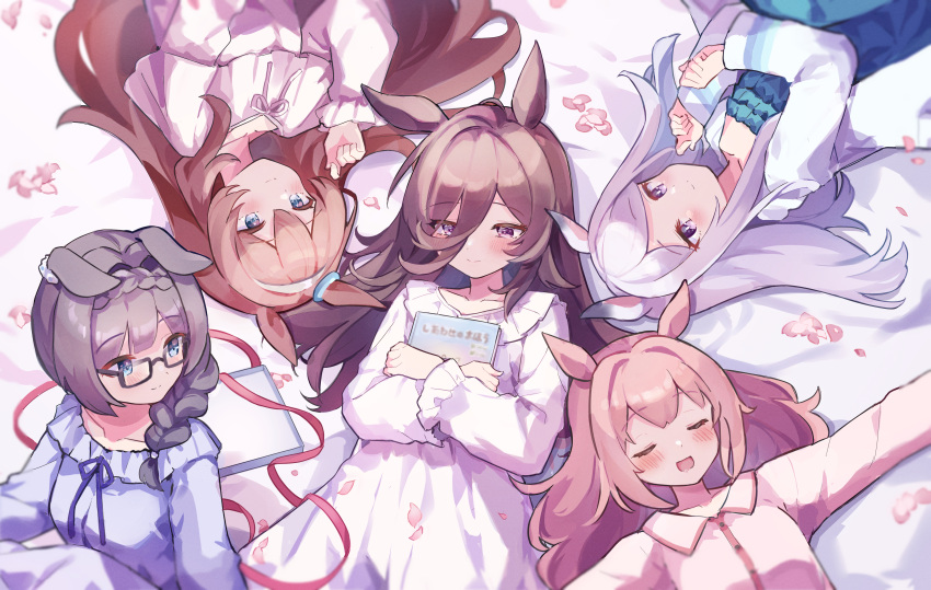 5girls :d absurdres animal_ears bangs bed_sheet black-framed_eyewear black_hair blue_dress blush book braid breasts brown_hair cat_ears closed_eyes closed_mouth collarbone collared_shirt commentary_request dress dress_shirt glasses grey_hair hair_down hair_over_one_eye hair_over_shoulder hand_up haru_urara_(umamusume) highres jacket long_hair long_sleeves lying medium_breasts mejiro_mcqueen_(umamusume) mihono_bourbon_(umamusume) mola_mola multiple_girls nightgown object_hug on_back open_clothes open_jacket outstretched_arms petals pink_hair pink_shirt puffy_long_sleeves puffy_sleeves rice_shower_(umamusume) shirt single_braid smile spread_arms umamusume very_long_hair violet_eyes white_dress white_jacket zenno_rob_roy_(umamusume)