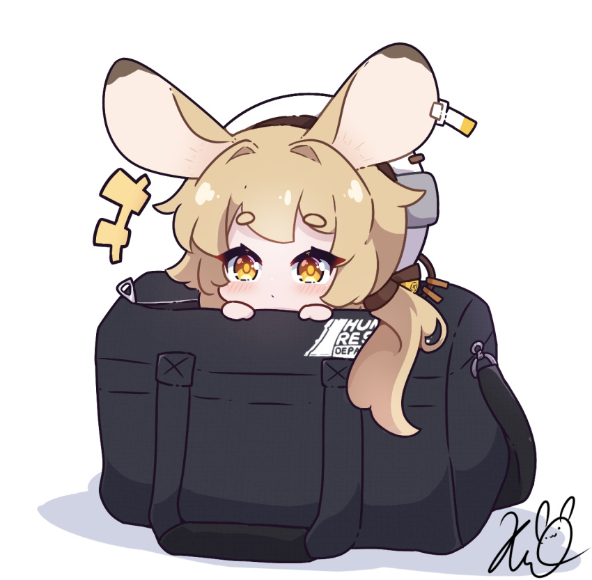 +++ 1girl animal_ears arknights bag beret blush brown_eyes brown_hair character_request chibi closed_mouth commentary english_commentary hat highres in_bag in_container kurotofu long_hair peeking_out recruitment_bag_(arknights) shadow short_eyebrows signature simple_background solo thick_eyebrows white_background white_headwear