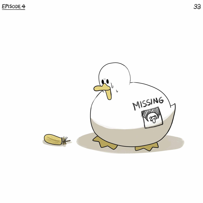 bird body_writing diva_(hyxpk) duck english_commentary feathers highres missing_poster no_humans numbered original page_number simple_background sweat white_background yellow_feathers