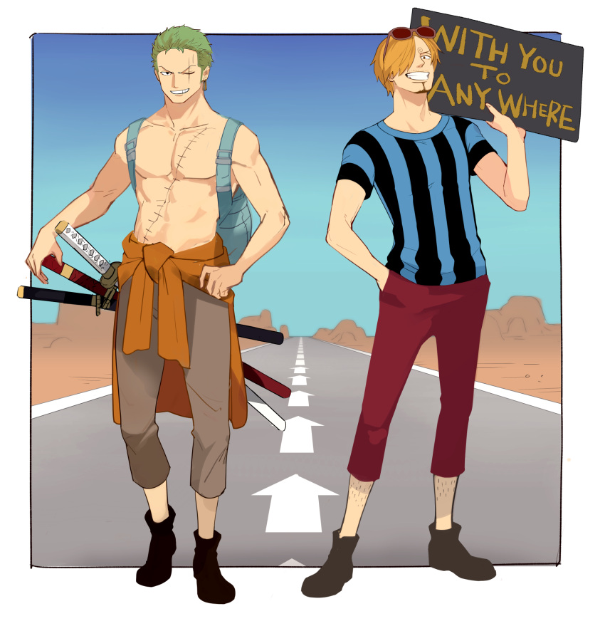 2boys alternate_costume backpack bag black_footwear blonde_hair brown_pants earrings eyewear_on_head facial_hair green_hair grin hair_over_one_eye hand_in_pocket highres hitchhiking holding holding_sign holding_weapon jewelry male_focus multiple_boys one_piece pants pectorals red_pants roronoa_zoro sanji_(one_piece) scar scar_across_eye scar_on_chest sheath sheathed shironegi_zzz shirt short_hair sign smile striped striped_shirt sunglasses sword topless_male weapon