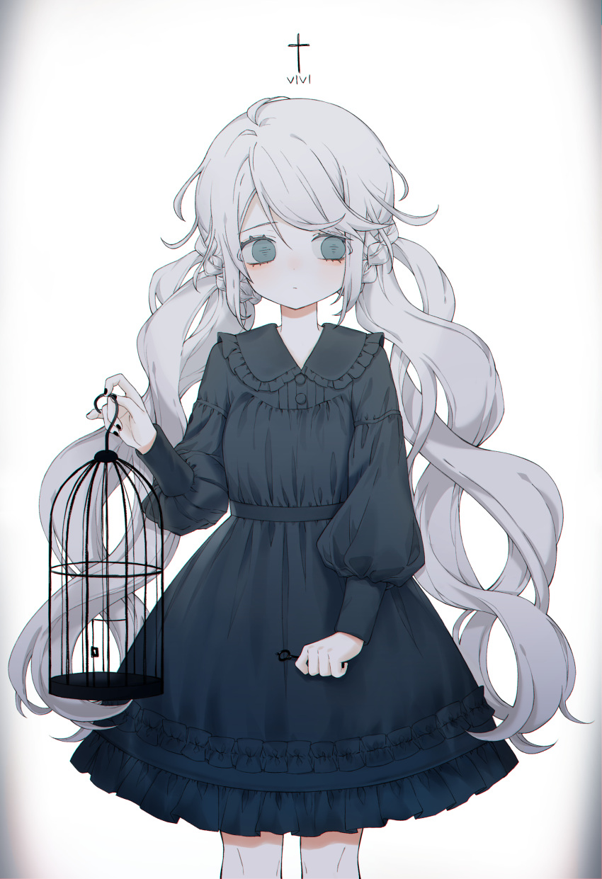 1girl absurdres back bizet black_dress blue_eyes braid cage closed_mouth commentary_request dress expressionless gothic gothic_lolita highres lolita_fashion long_hair low_twintails original solo twintails upper_body very_long_hair wavy_hair white_hair