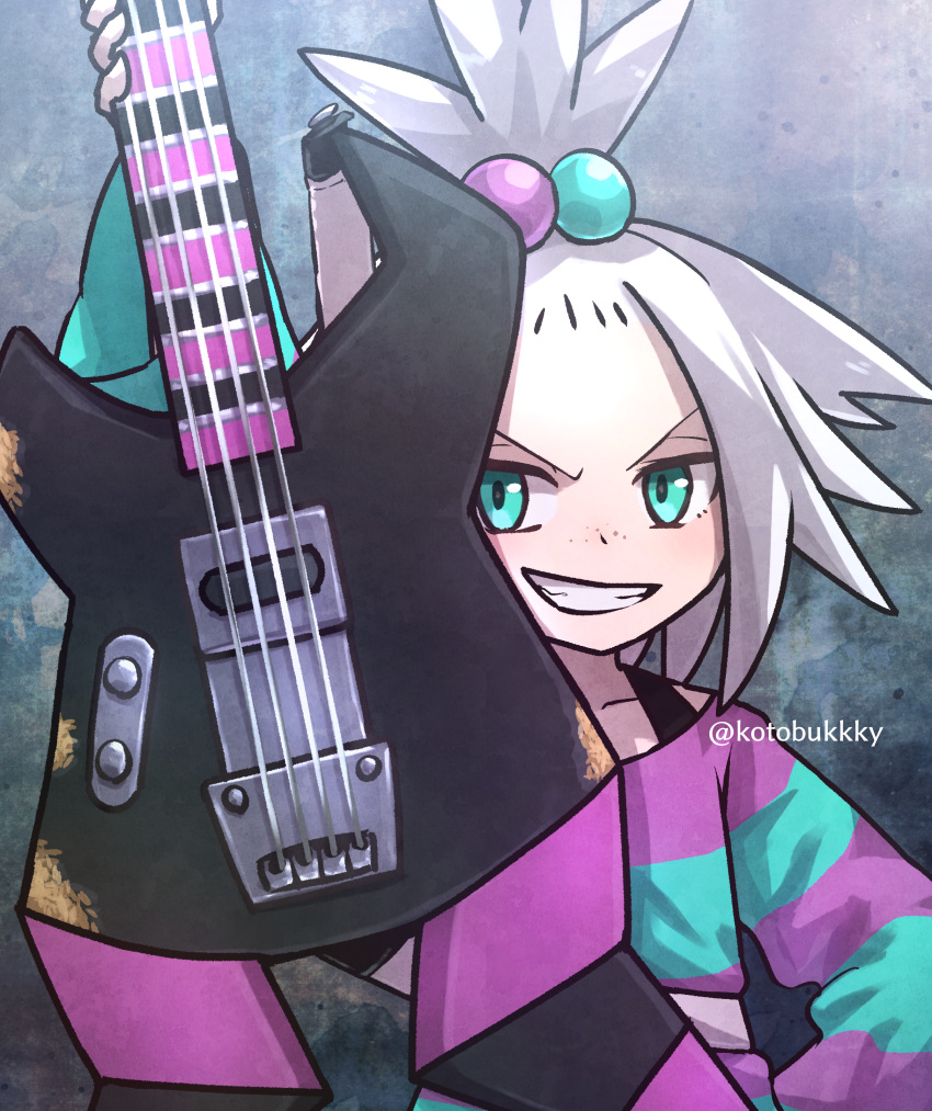 1girl absurdres arm_up bass_guitar collarbone commentary_request green_eyes grin hair_bobbles hair_ornament happy highres holding holding_instrument instrument kotobukkii_(yt_lvlv) looking_at_viewer pokemon pokemon_bw2 roxie_(pokemon) shirt smile solo striped_clothes striped_shirt teeth topknot twitter_username upper_body watermark