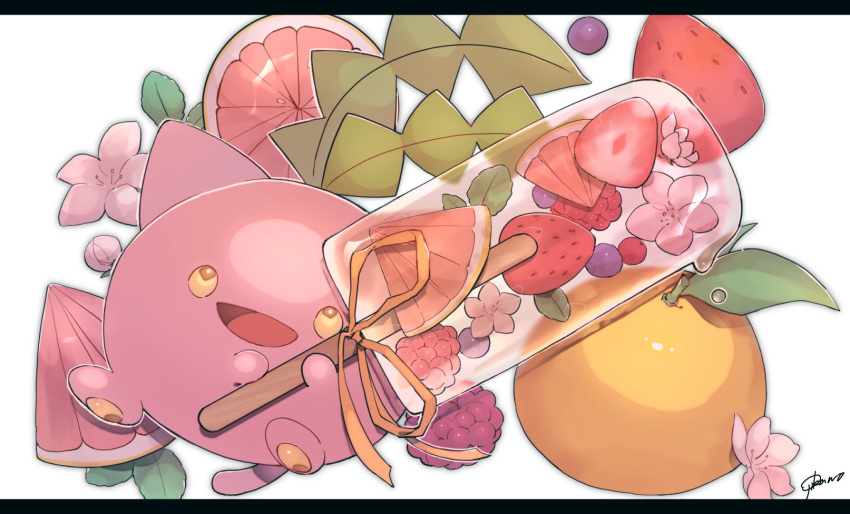 :d artist_name blueberry commentary_request flower food fruit highres holding holding_food hoppip leaf looking_at_viewer no_humans ojikano open_mouth orange_(fruit) orange_ribbon orange_slice pink_flower pokemon pokemon_(creature) popsicle ribbon signature simple_background smile solo strawberry white_background yellow_eyes