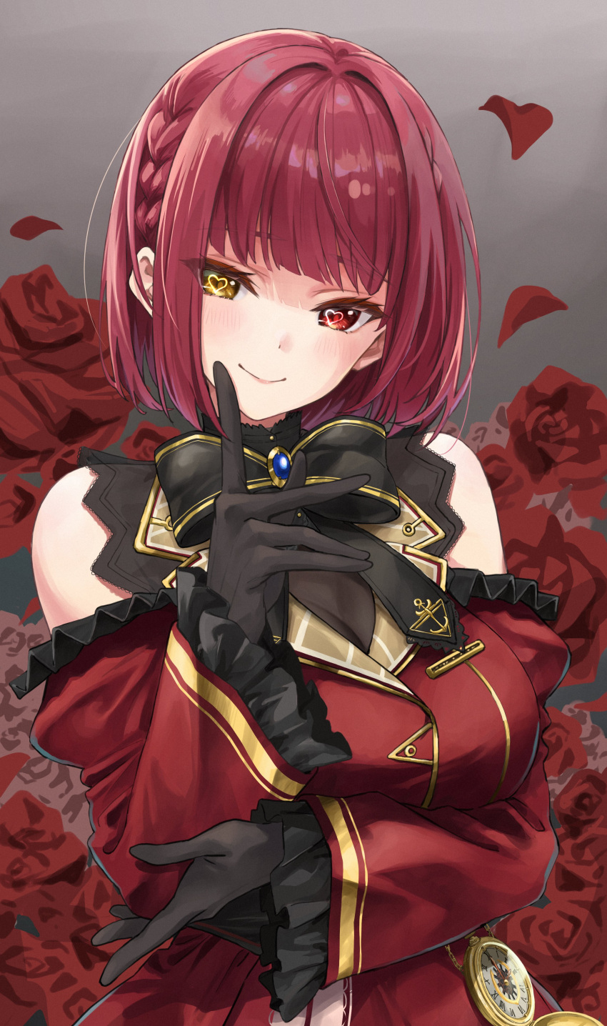 1girl absurdres anno_masato arm_under_breasts bangs black_bow black_gloves blue_gemstone blunt_bangs blush bodystocking bow braid breasts closed_mouth coat commentary detached_sleeves flower french_braid frilled_sleeves frills gem gloves gold_trim gradient_background grey_background hair_intakes heart heart-shaped_pupils heterochromia highres hololive houshou_marine looking_at_viewer medium_breasts official_alternate_costume official_alternate_hairstyle pocket_watch red_coat red_eyes redhead rose short_hair simple_background smile solo symbol-shaped_pupils upper_body virtual_youtuber watch yellow_eyes
