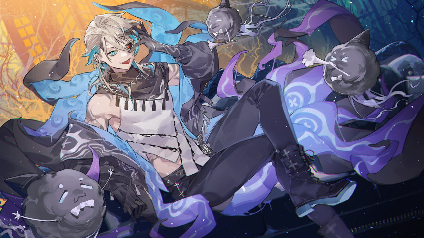 1boy aza_(virtuareal) bangs bishounen green_eyes grey_hair heterochromia highres krab_(fumekrab) long_sleeves looking_at_viewer male_focus multicolored_hair octopus_boy red_eyes smile solo streaked_hair virtual_youtuber