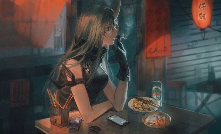 1girl arknights beer_can black_gloves black_shirt bowl can cellphone chair chinese_commentary chopsticks cigarette commentary_request food gloves green_eyes green_hair highres holding holding_cigarette horns hoshiguma_(arknights) lantern lighter long_hair looking_ahead oni_horns paper_lantern phone shirt single_horn sleeveless sleeveless_shirt smartphone smoke smoking solo table taigusukiri upper_body