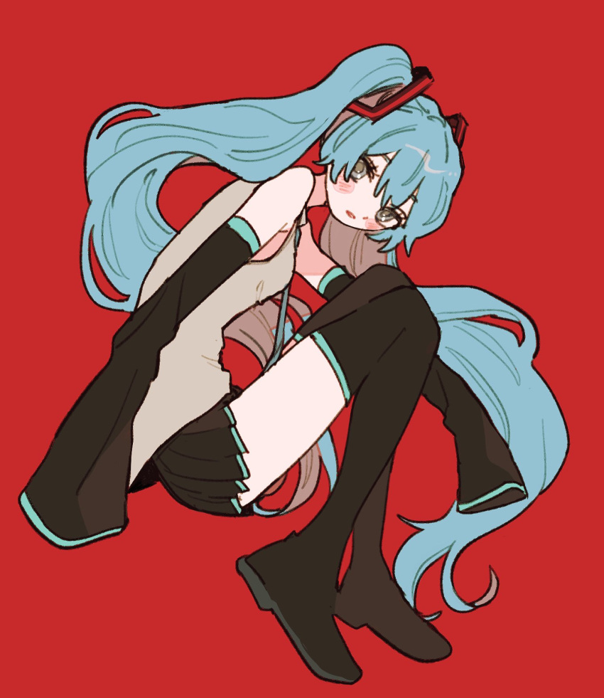 1girl bangs black_footwear black_skirt black_sleeves blue_hair blue_necktie blush_stickers boots commentary detached_sleeves full_body gohanysu green_eyes grey_shirt hair_ornament hatsune_miku highres long_hair necktie pleated_skirt red_background shirt skirt sleeveless sleeveless_shirt sleeves_past_wrists solo symbol-only_commentary thigh_boots twintails very_long_hair vocaloid