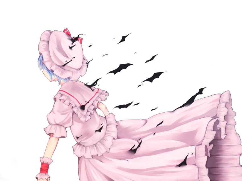 1girl bat_wings black_wings blue_hair feet_out_of_frame frilled_headwear frilled_shirt frilled_shirt_collar frilled_skirt frilled_sleeves frills from_behind hat highres hiyashi_mikan mob_cap pink_headwear pink_sailor_collar pink_shirt pink_skirt puffy_short_sleeves puffy_sleeves remilia_scarlet sailor_collar shirt short_hair short_sleeves simple_background skirt solo touhou white_background wings wrist_cuffs