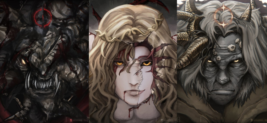 1girl 2023 3boys artist_name asymmetrical_horns black_knife_(elden_ring) black_sclera black_skin blonde_hair blood blood_from_mouth blood_on_face brother_and_sister brothers colored_sclera colored_skin crack crown elden_ring godwyn_the_golden great_rune_(elden_ring) grey_skin highres horns lunar_princess_ranni medium_hair mohg_lord_of_blood monster morgott_the_omen_king multiple_boys one-eyed redhead rune_of_death satsu-strive sharp_teeth siblings smile teeth white_hair yellow_eyes