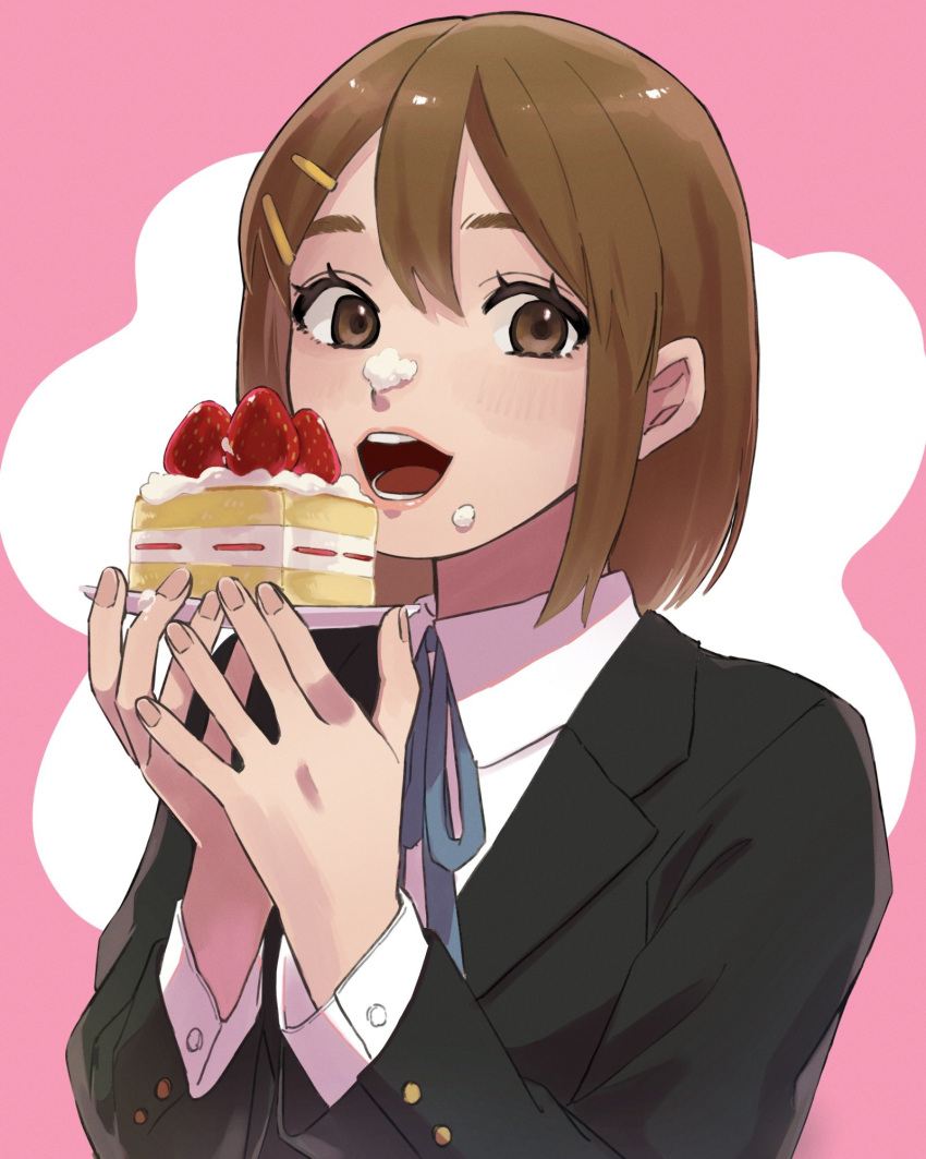 1girl bangs black_jacket blazer blue_ribbon brown_eyes brown_hair cake collared_shirt commentary_request food fruit hair_between_eyes hair_ornament hairclip highres hirasawa_yui holding holding_plate jacket k-on! long_sleeves looking_at_viewer mii311miyama neck_ribbon open_mouth pink_background plate ribbon sakuragaoka_high_school_uniform school_uniform shirt short_hair simple_background solo strawberry strawberry_shortcake teeth two-tone_background whipped_cream white_background white_shirt winter_uniform