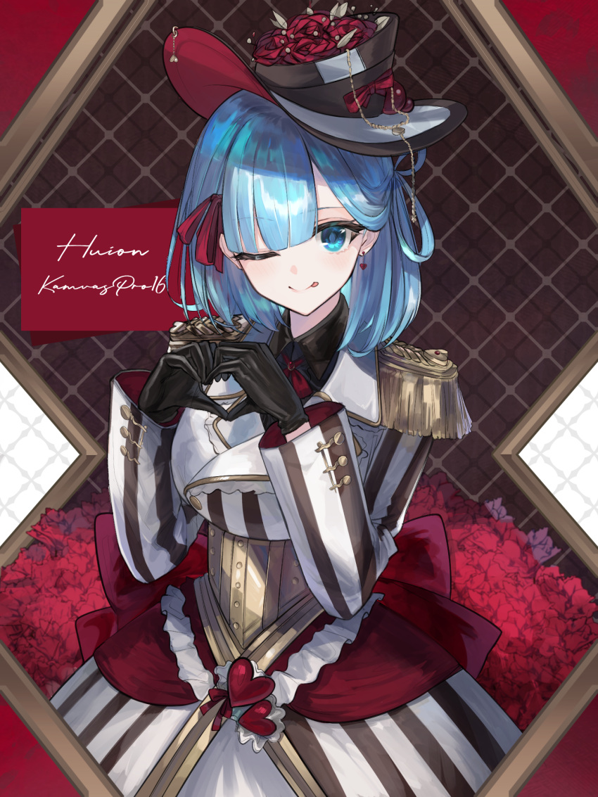 1girl ;p black_gloves black_shirt blue_eyes blue_hair character_request collared_shirt commentary_request dress_shirt earrings flower gloves hands_up hat heart heart_earrings heart_hands highres huion jacket jazztaki jewelry long_sleeves looking_at_viewer one_eye_closed red_flower red_rose rose shirt solo striped striped_jacket tongue tongue_out vertical-striped_jacket vertical_stripes