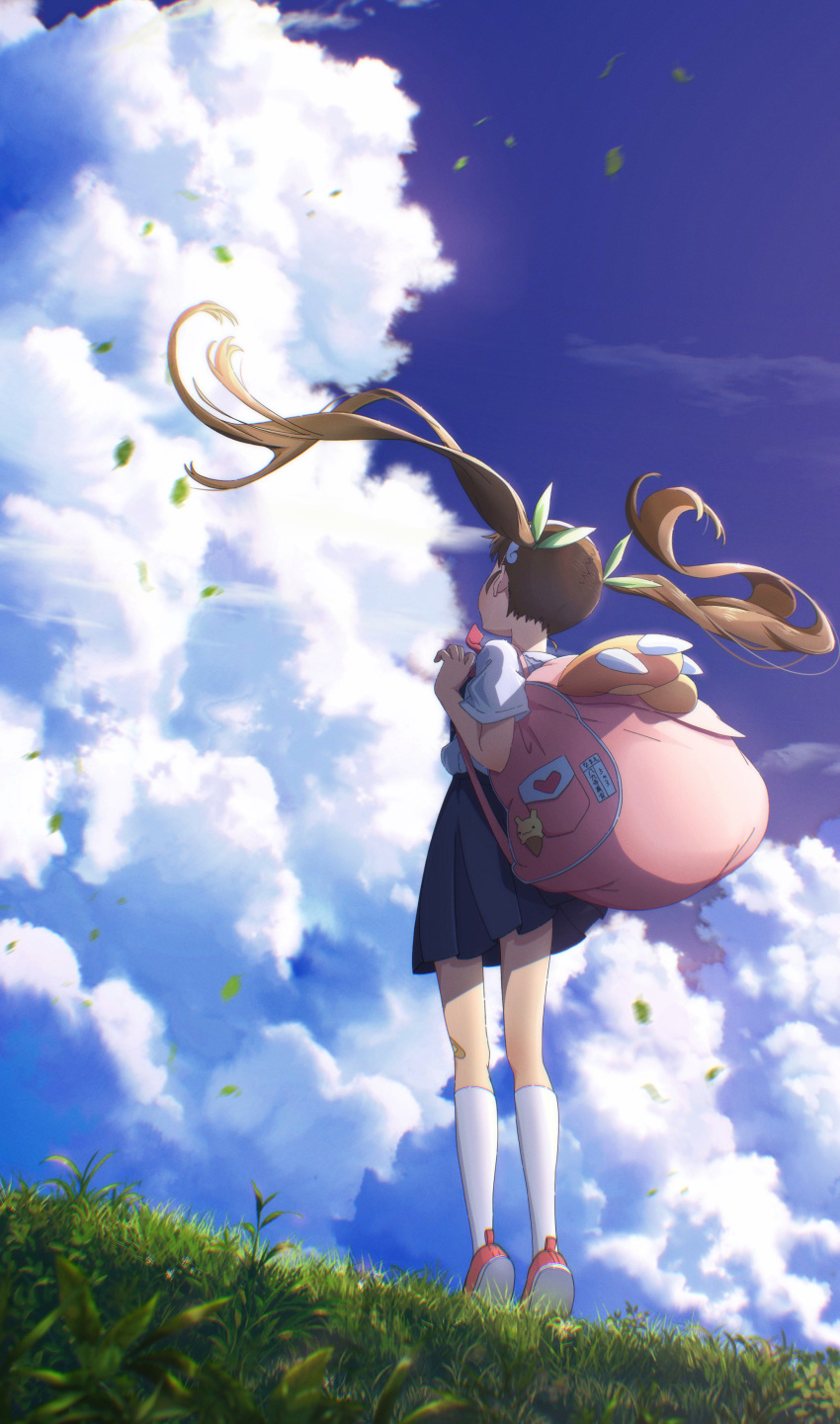 1girl absurdres backpack bag bakemonogatari bandaid bandaid_on_knee bandaid_on_leg blue_skirt blue_sky brown_hair clouds commentary_request cumulonimbus_cloud day drawdream1025 facing_away falling_leaves floating_hair from_behind grass green_ribbon hachikuji_mayoi hair_ribbon hairband highres kneehighs leaf long_hair monogatari_(series) naoetsu_high_school_uniform outdoors pink_footwear ribbon school_uniform shirt short_sleeves skirt sky socks solo standing suspender_skirt suspenders tiptoes twintails white_hairband white_shirt white_socks