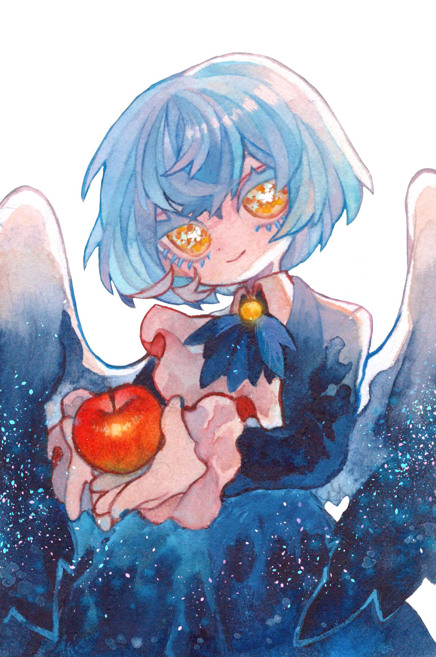 1girl angela_(project_moon) apple ascot blue_dress blue_hair closed_mouth collared_shirt colored_eyelashes commentary_request dress feathered_wings food fruit head_tilt highres holding holding_food holding_fruit library_of_ruina long_sleeves mochigome_138 project_moon shirt short_hair simple_background smile solo white_ascot white_background white_shirt wings yellow_eyes